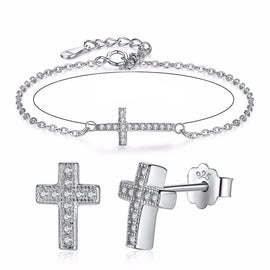 Classic Crystal Cross Earrings Bracelet Set